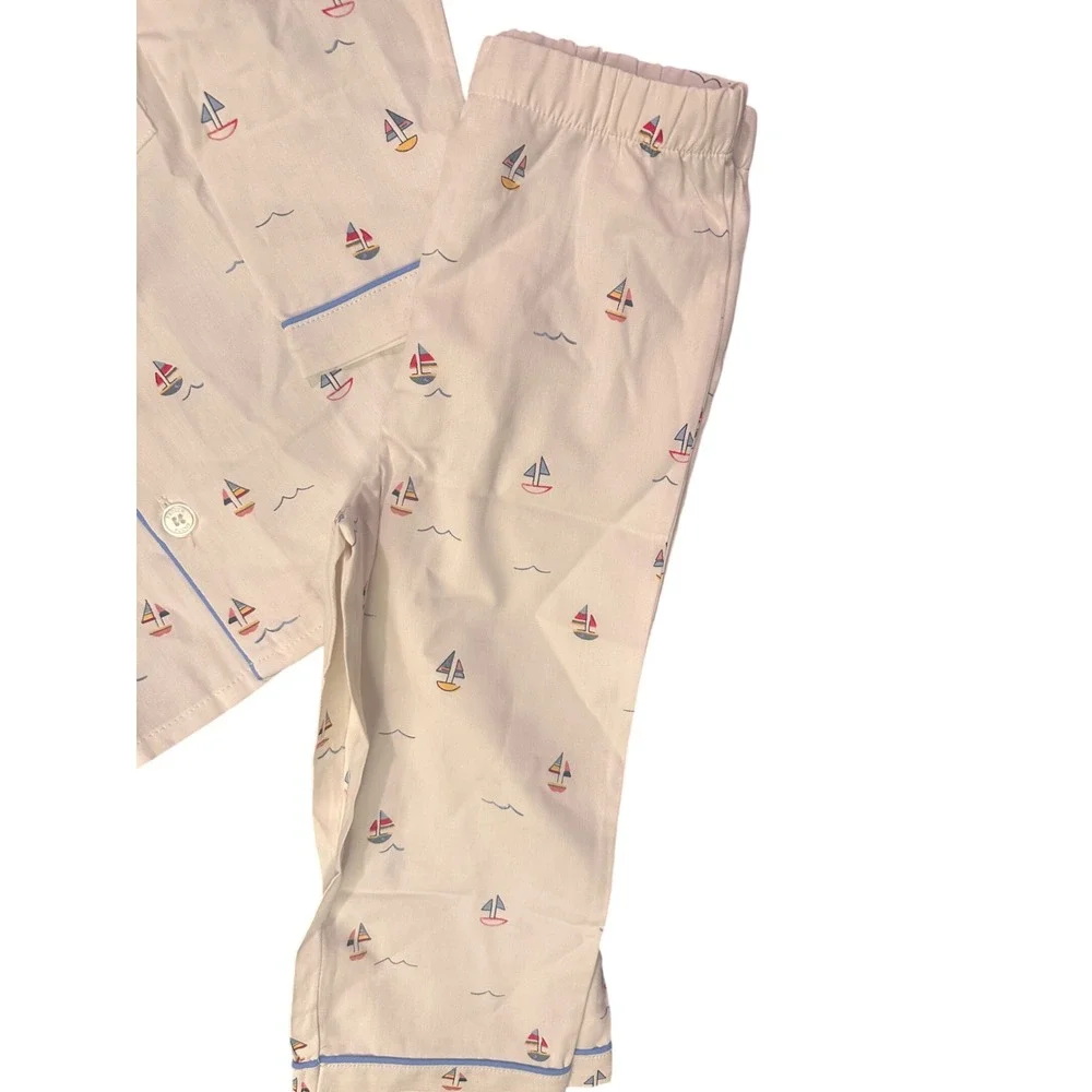 Petite Plume Kids Bateau Classic Pajama Set Sailboat Print White Blue Size 3 NEW